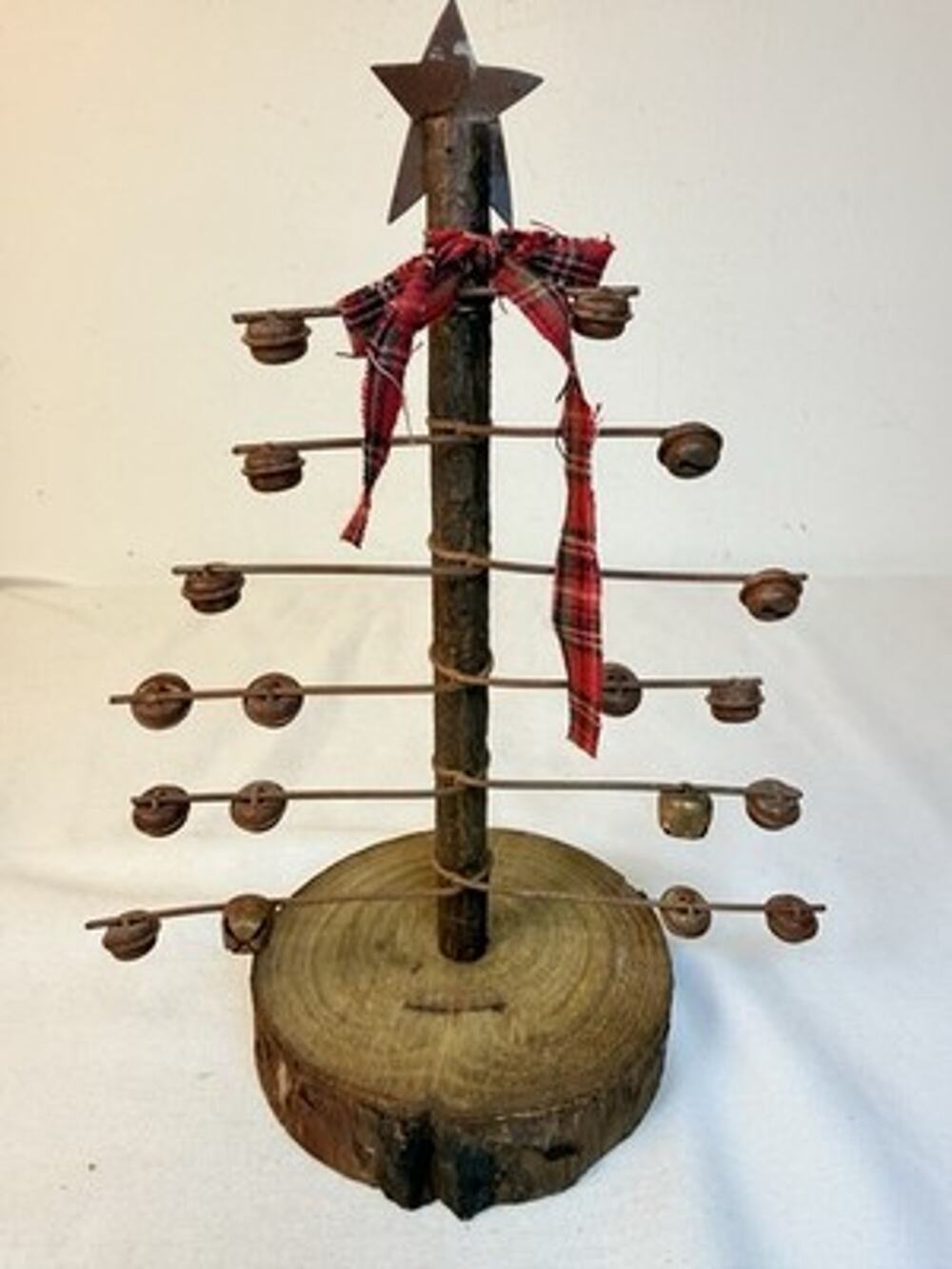 Rustic Wood Metal Fabric Christmas Tree Tabletop Decor 13in Red Plaid Bow